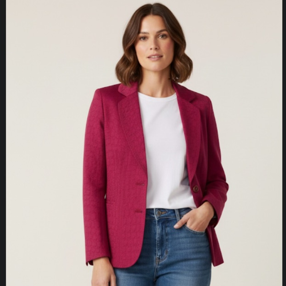 Ellen Tracy Fuchsia Pink Croc Textured 70% Wool Blazer Jacket Size 6 EUC